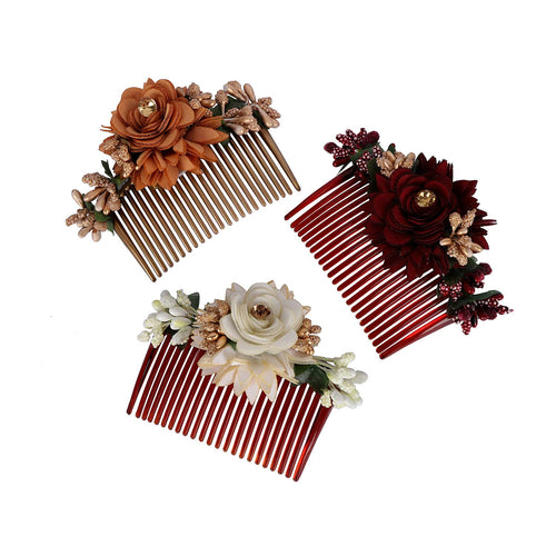 Accessher Multicolor Acrylic Comb Indo Western Fancy Hair Clip/Side Pin/Jooda Pin Accessories With Cloth Flower for Women and Girls (Pack of 3)