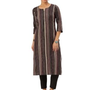 Amazon Brand - Anarva Women's Maroon Cotton Blend Stripes Printed Straight Kurta with bottom