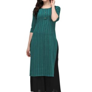 Amazon Brand - Anarva Women's Green Stripes Printed Cotton Blend Casual Kurta (SNJHR5_HRK0016TGRN_L)