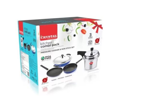 Crystal Nonstick Kitchen cookware Set | Kitchen Combi | Tawa 250 mm | Fry Pan 240 mm | Kdai with Steel Lid 240 mm | Pressure Cooker 3 LTR | PFOA Free | Blue - Image 2