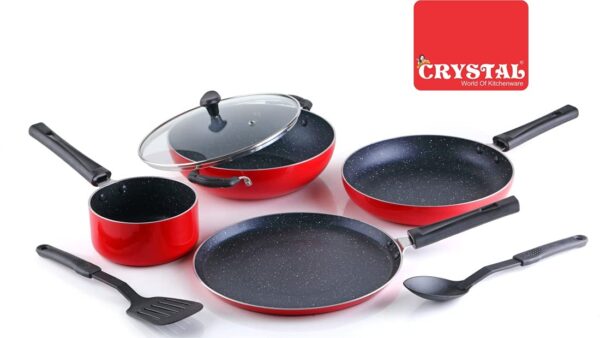 Crystal Classic Series 7-pc Non-Stick Induction Bottom Cookware Set, PFOA Free, Tawa, Fry-Pan, Kadhai with Glass Lid, Sauce Pan with 2 Serving Spoons, Red,Aluminium, 7 - Image 8