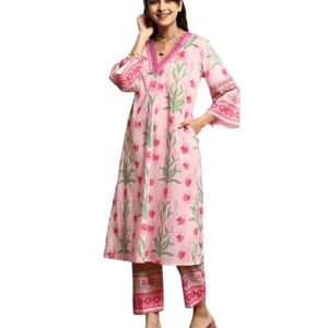 Amazon Brand - Anarva Women's Pure Cotton Printed Kurta with Pant Set – Soft & Breathable Floral Design (carmi-pink-l)