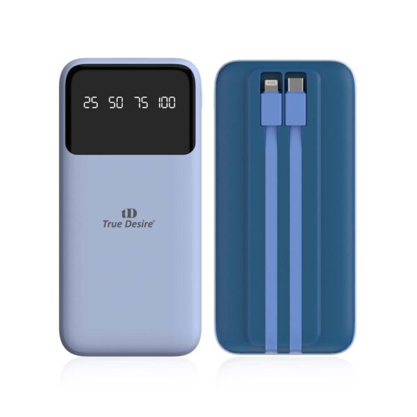 TD True Desire Boomer Series 10000mAh Power Bank - 20W Fast Charging, Dual USB & Type-C Outputs, Inbuilt Lightning & Type-C Cables, LED Indicator- Made in India (Blue)