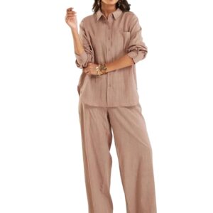 Amazon Brand - Anarva Women's Pure Cotton Co-ord Set | Relaxed Fit Shirt & Wide-Leg Pants | Soft & Breathable (dusty-rose-gold-set-m)