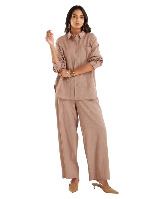 Amazon Brand - Anarva Women's Pure Cotton Co-ord Set | Relaxed Fit Shirt & Wide-Leg Pants | Soft & Breathable (dusty-rose-gold-set-m)