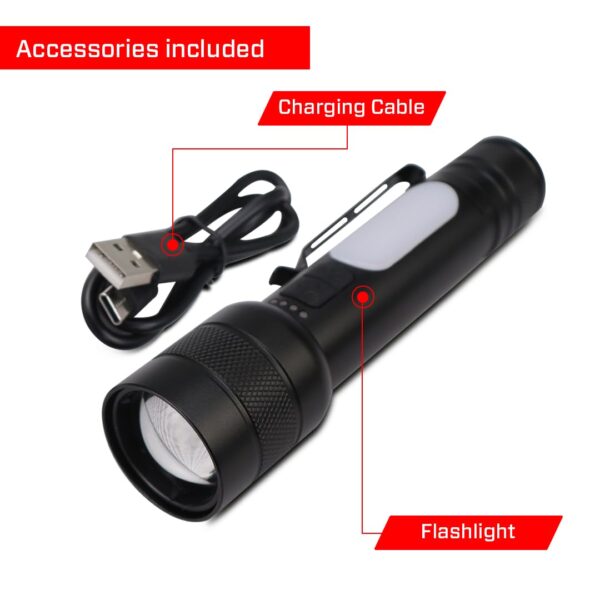 IBELL FL8375S Rechargeable Torch, Powerbank Function, Aircraft Aluminum Body, Telescopic Zoom, Water Resistant Flashlight with Multiple Light Modes (Black) LED - Image 5
