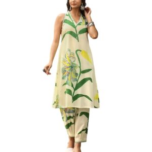 Amazon Brand - Anarva Women's Pure Cotton Sleeveless Hand Block Printed Kurta With Pant (green-leaf-l)