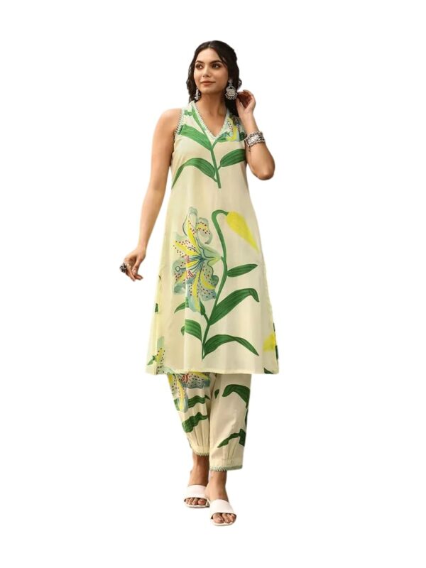 Amazon Brand - Anarva Women's Pure Cotton Sleeveless Hand Block Printed Kurta With Pant (green-leaf-l)