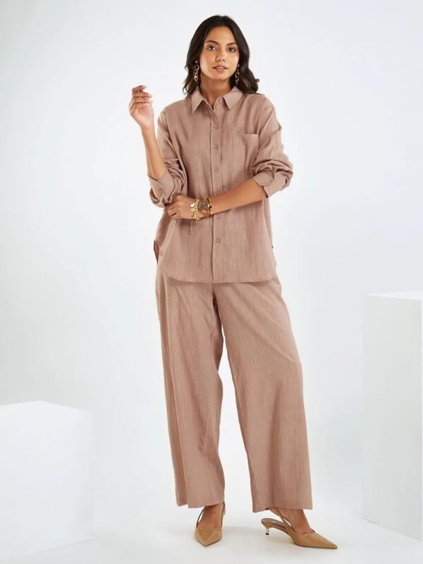 Amazon Brand - Anarva Women's Pure Cotton Co-ord Set | Relaxed Fit Shirt & Wide-Leg Pants | Soft & Breathable (dusty-rose-gold-set-m) - Image 2