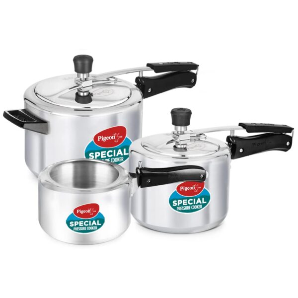 Pigeon by Stovekraft 2+3+5 Litre Combo Special Aluminium Inner Lid Non-Induction base Pressure Cooker (Silver) BIS Certified,Common lid for 2+3L