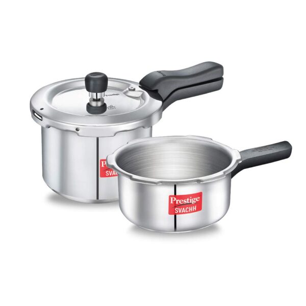 Prestige 3L+2L Aluminium Svachh Pressure Cooker Combo (Outer Lid)|Deep lid for spillage control|Gas & induction compatible|Controlled Gasket-Release System|Silver|5 years warranty