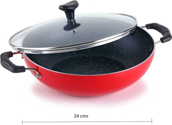 Crystal Classic Series 7-pc Non-Stick Induction Bottom Cookware Set, PFOA Free, Tawa, Fry-Pan, Kadhai with Glass Lid, Sauce Pan with 2 Serving Spoons, Red,Aluminium, 7 - Image 7