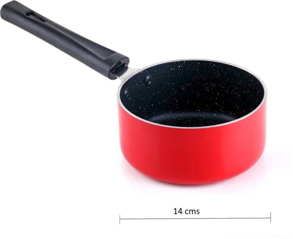 Crystal Classic Series 7-pc Non-Stick Induction Bottom Cookware Set, PFOA Free, Tawa, Fry-Pan, Kadhai with Glass Lid, Sauce Pan with 2 Serving Spoons, Red,Aluminium, 7 - Image 4
