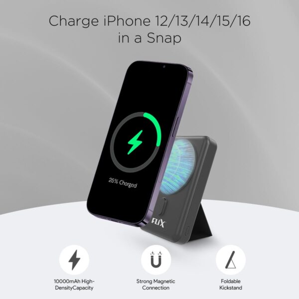 FLiX (Beetel) MagConnect Elite 10,000mAh 15W Magnetic Wireless Output,22.5W QC Pocket Power Delivery PPS,Type C & Type A Input/Output,Rapid Charge,LED Display,Perfect for iPhone 12,13,14(Black) - Image 3