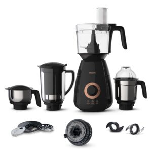 Philips blender set with various attachments on a white background