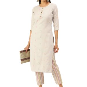 Amazon Brand - Anarva Women's Beige Cotton Blend Solid Printed Straight Kurta with Bottom (HRKB002BIGE_XL)