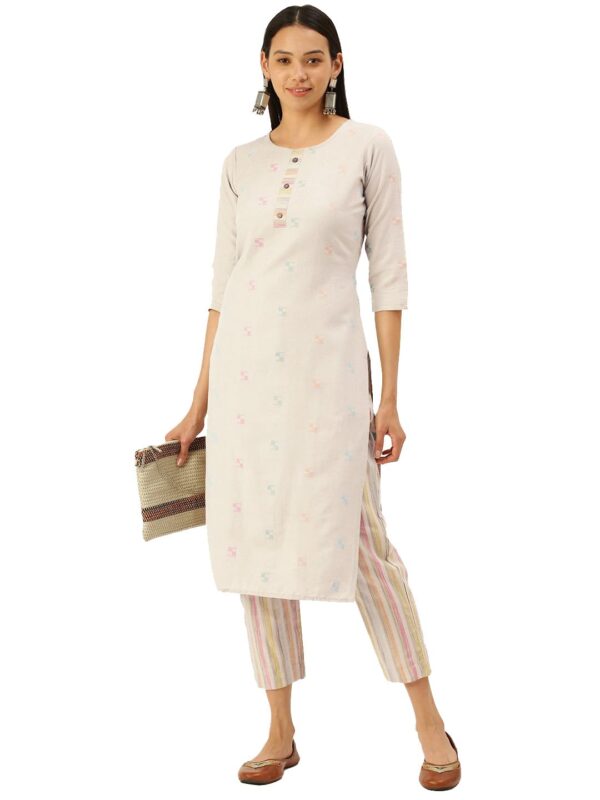 Amazon Brand - Anarva Women's Beige Cotton Blend Solid Printed Straight Kurta with Bottom (HRKB002BIGE_XL)