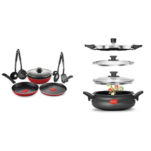 Pigeon 620-H Non-Induction Base Aluminium Pressure Cooker, Tawa, Fry Pan, Kadai with Lid and Kitchen Tool Set