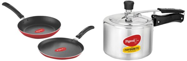 Pigeon Aluminium Nonstick Duo Pack Flat Tawa 250 and Fry Pan 200 Gift Set (Red) by Stovekraft 12091 Favourite Aluminium Induction Base Pressure Cooker with Inner Lid, 3 litres, Silver