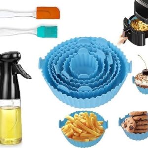 NEKIFACE 6 Pcs Round Reusable Non-Stick air Fryer Accessories Silicone Coating Pot Basket for Microwave Oven oil sprayer bottle and Oil brush And Spatula Set, 200 Millilitre, Multicolor