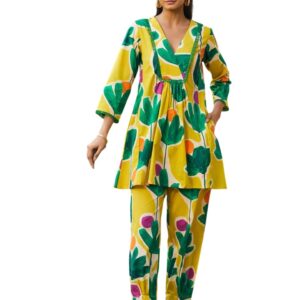 Amazon Brand - Anarva Women's Pure Cotton Floral Printed Co-Ord Set |Top and Pant Set | Relaxed Fit | Bright Yellow & Green Botanical Design (summerbloom-2xl)