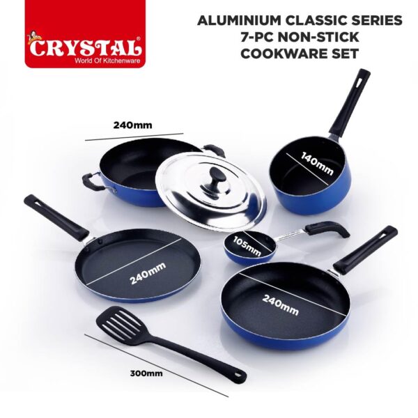 Crystal Aluminium Classic Series 7-Pc Non-Stick Cookware Set | PFOA Free | Tawa, Vagariya, Kadhai with SS Lid, Fry Pan, Sauce Pan, 1 Spatula | Multicolour - Image 5