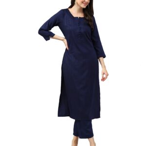 Amazon Brand - Anarva Women's Navy Cotton Blend Stripes Printed Straight Kurta with bottom (HRKB0048DBLUE_S)