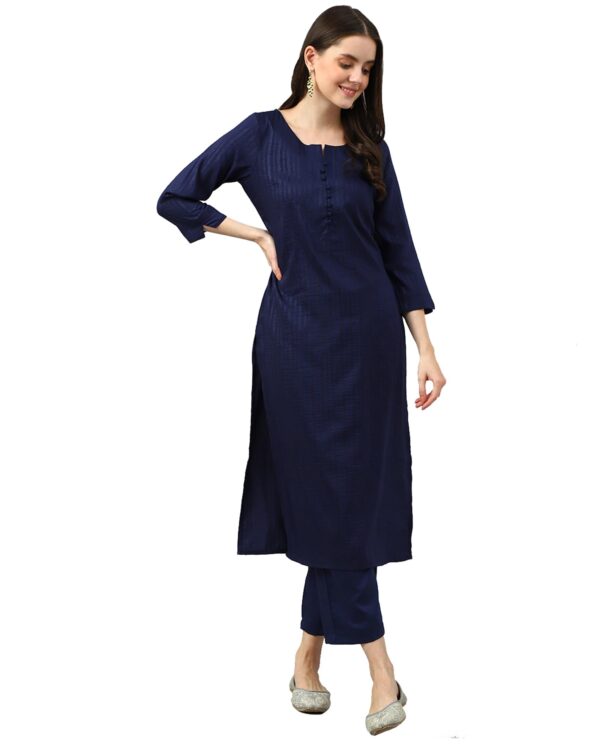 Amazon Brand - Anarva Women's Navy Cotton Blend Stripes Printed Straight Kurta with bottom (HRKB0048DBLUE_S)