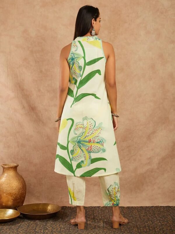 Amazon Brand - Anarva Women's Pure Cotton Sleeveless Hand Block Printed Kurta With Pant (green-leaf-l) - Image 5