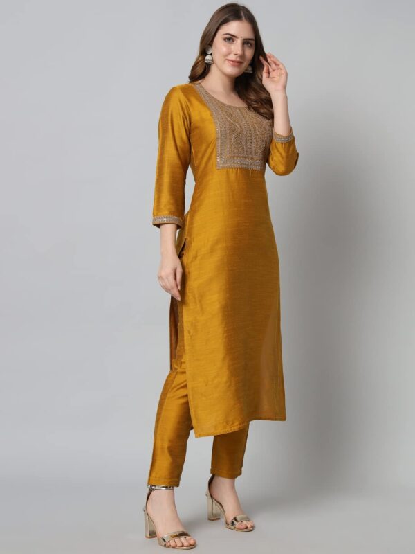 VredeVogel Women's Embroidered Floral Cotton Silk Blend Kurta Pant and Dupatta Set (Mustard_XX-Large) - Image 8