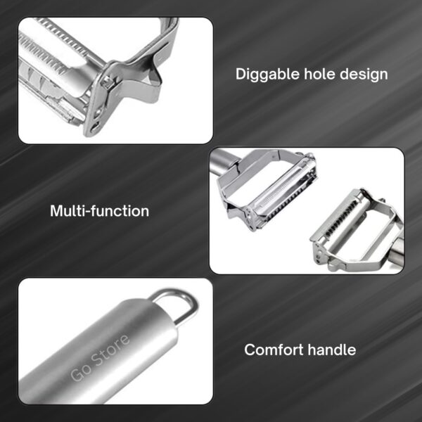 Go Store 2 in 1 Stainless Steel Julienne Vegetable Peeler Multi-Functional Fruit & Veggie Shredder Slicer and Grater for Potatoes, Carrots, Cucumbers (Silver, 18 x 8.2 x 2.4 cm) - Image 5