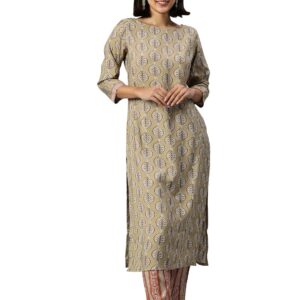 Amazon Brand - Anarva Women's Beige Chanderi Cotton Ethnic Motifs Printed Straight Kurta with Bottom (HRKB0073BEIGE_XXL)