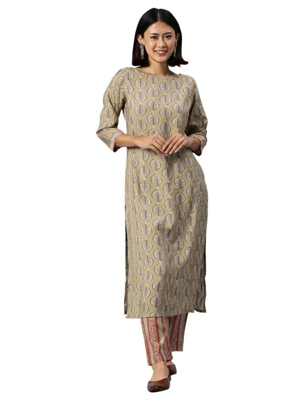 Amazon Brand - Anarva Women's Beige Chanderi Cotton Ethnic Motifs Printed Straight Kurta with Bottom (HRKB0073BEIGE_XXL)
