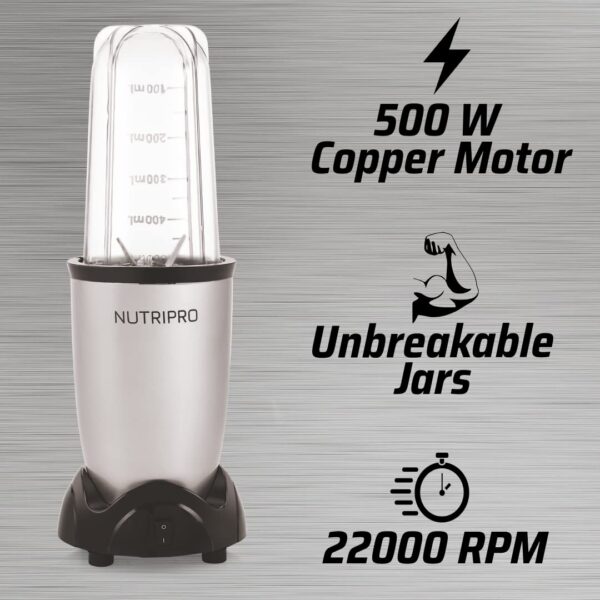 NutriPro Juicer Mixer Grinder - Smoothie Maker - 500 Watts (3 Jars & 2 Blades, Silver) - 2 Year Warranty - Image 6