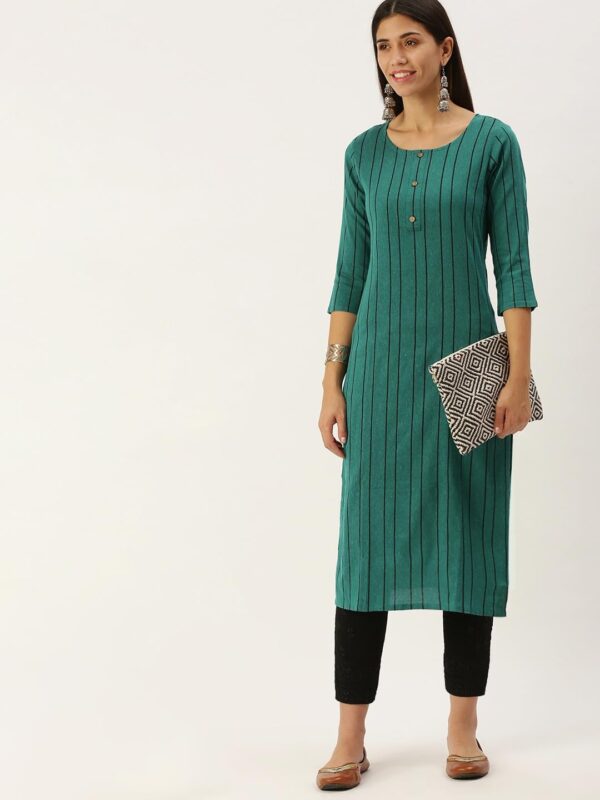 Amazon Brand - Anarva Women's Green Stripes Printed Cotton Blend Casual Kurta (SNJHR5_HRK0016TGRN_L) - Image 4