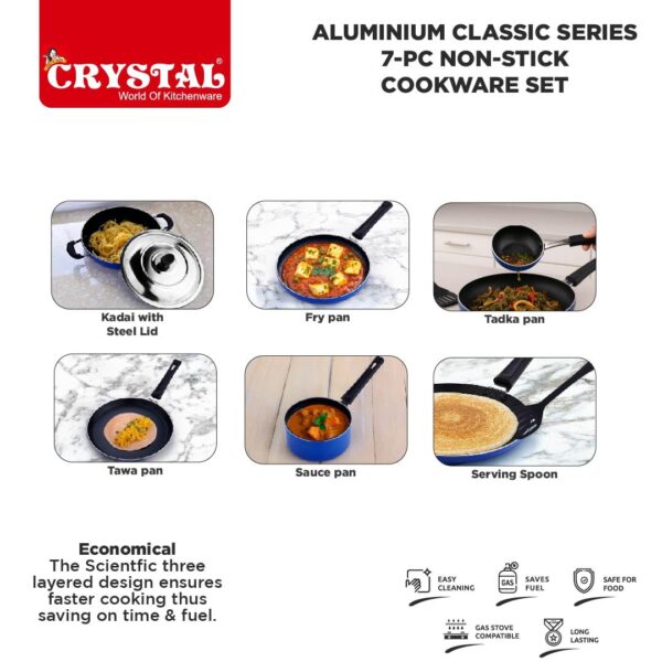 Crystal Aluminium Classic Series 7-Pc Non-Stick Cookware Set | PFOA Free | Tawa, Vagariya, Kadhai with SS Lid, Fry Pan, Sauce Pan, 1 Spatula | Multicolour - Image 7