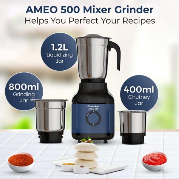 Crompton Ameo 500W Mixer Grinder with Powertron Motor & Motor Vent-X Technology, Robust design (3 Stainless Steel Jars, Blue and Black) - Image 2