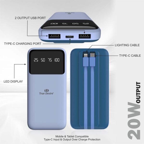 TD True Desire Boomer Series 10000mAh Power Bank - 20W Fast Charging, Dual USB & Type-C Outputs, Inbuilt Lightning & Type-C Cables, LED Indicator- Made in India (Blue) - Image 7