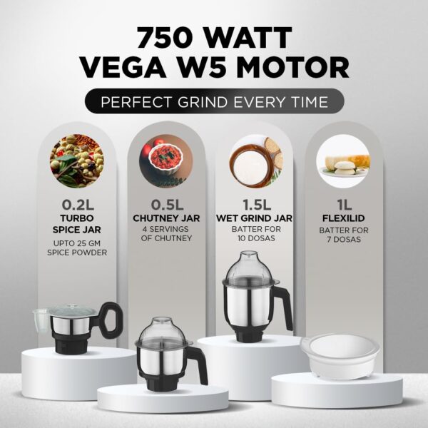 Preethi Zion Mixer Grinder for Kitchen - 4 Jars 750 Watt Mixie (3 Stainless steel Jars+1 Master Chef Plus Food processor Jar), Flexi lids, Vega W5 motor, Black (MG-227) - Image 5