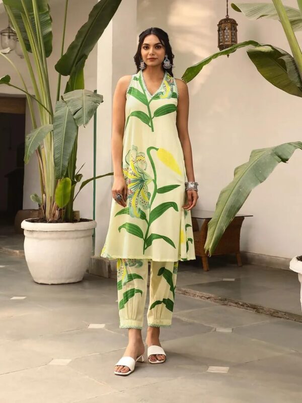 Amazon Brand - Anarva Women's Pure Cotton Sleeveless Hand Block Printed Kurta With Pant (green-leaf-l) - Image 3