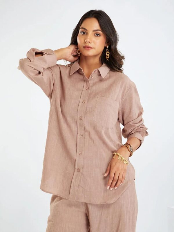 Amazon Brand - Anarva Women's Pure Cotton Co-ord Set | Relaxed Fit Shirt & Wide-Leg Pants | Soft & Breathable (dusty-rose-gold-set-m) - Image 4