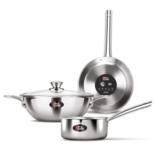 Milton Pro cook Triply Stainless Steel 4 Pc Induction Cookware Set, Tea Pan 16cm, Fry Pan 22cm, Kadai with Glass Lid 24cm, Even & Fast Cooking, Induction & Gas Ready, 3 Years Warranty by Manufacturer - Image 2