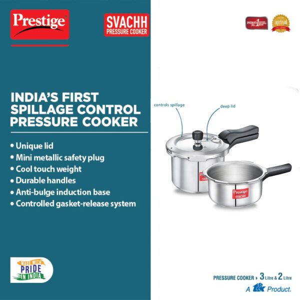 Prestige 3L+2L Aluminium Svachh Pressure Cooker Combo (Outer Lid)|Deep lid for spillage control|Gas & induction compatible|Controlled Gasket-Release System|Silver|5 years warranty - Image 5