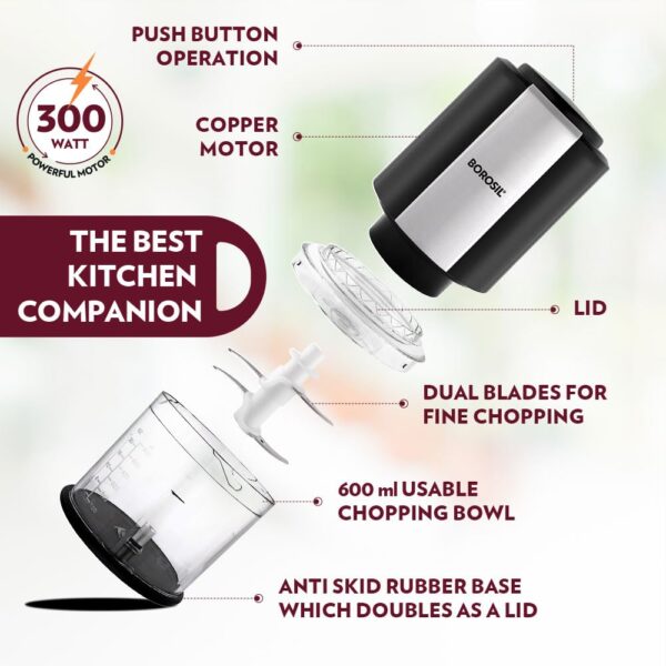 Borosil Chef Delite 300 Watts Electric Chopper for Kitchen, Twin Blade Technology, 600 ml 'chop-n-store' plastic bowl with lid, Vegetable Chopper, Cutter, Chop, Mince, Dice, Whisk, Blend - Image 4