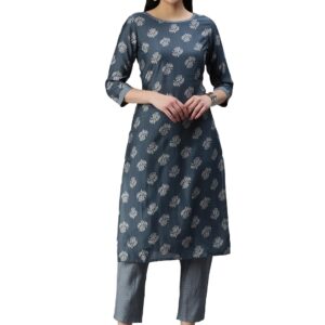 Amazon Brand - Anarva Women's Green Chanderi Cotton Floral Printed Straight Kurta with bottom (HRKB0077GRN_XS)
