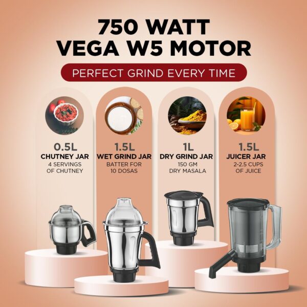 Preethi Zodiac 750W Mixer Grinder - 5 Jars with 3-in-1 Juicer & Food Processor - Image 5