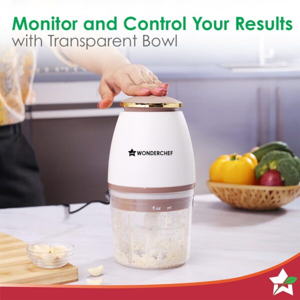 Wonderchef Nutri-chop Pearl Electric Chopper | 4 Sharp Stainless Steel Blades | 700ml | 350W | Chop and Mince Vegetables, Meat, Blends Dips | Low Noise | Light-weight | 2-Year Warranty - Image 4