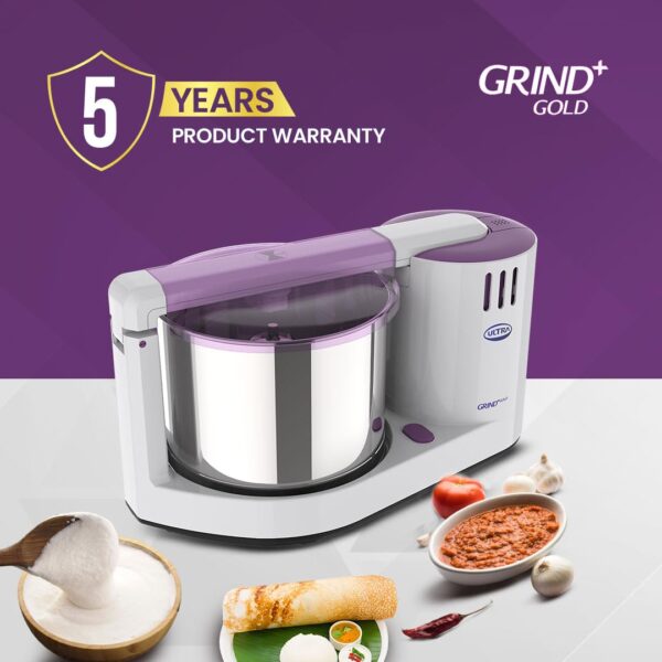 Ultra Grind+ Gold 2 Litre Table Top Wet Grinder - White | Fast Grinding Conical Stones, 150W Motor & 5 Years Warranty | AISI 304 Food-Grade SS Multi Utility Cylindrical Drum, Light Weight - Image 3