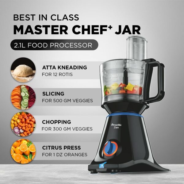 Preethi Zion Mixer Grinder for Kitchen - 4 Jars 750 Watt Mixie (3 Stainless steel Jars+1 Master Chef Plus Food processor Jar), Flexi lids, Vega W5 motor, Black (MG-227) - Image 4