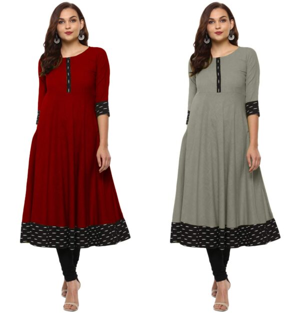 NATEK Plain Cotton Office Wear Regular Fit Anarkali Kurta Dress Tops For Ladies Girls - Combo Set Of 2 Maroon, Grey Color Large Size